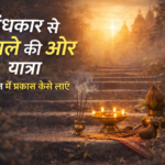 अंधकार से उजाले की ओर यात्रा—सुबह की रोशनी में मंदिर की सीढ़ियाँ, दीपक, धूप और कलश के साथ प्रेरणात्मक दृश्य