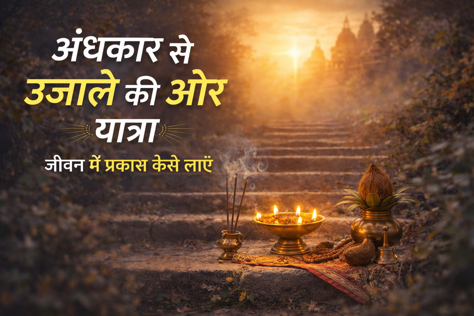 अंधकार से उजाले की ओर यात्रा—सुबह की रोशनी में मंदिर की सीढ़ियाँ, दीपक, धूप और कलश के साथ प्रेरणात्मक दृश्य
